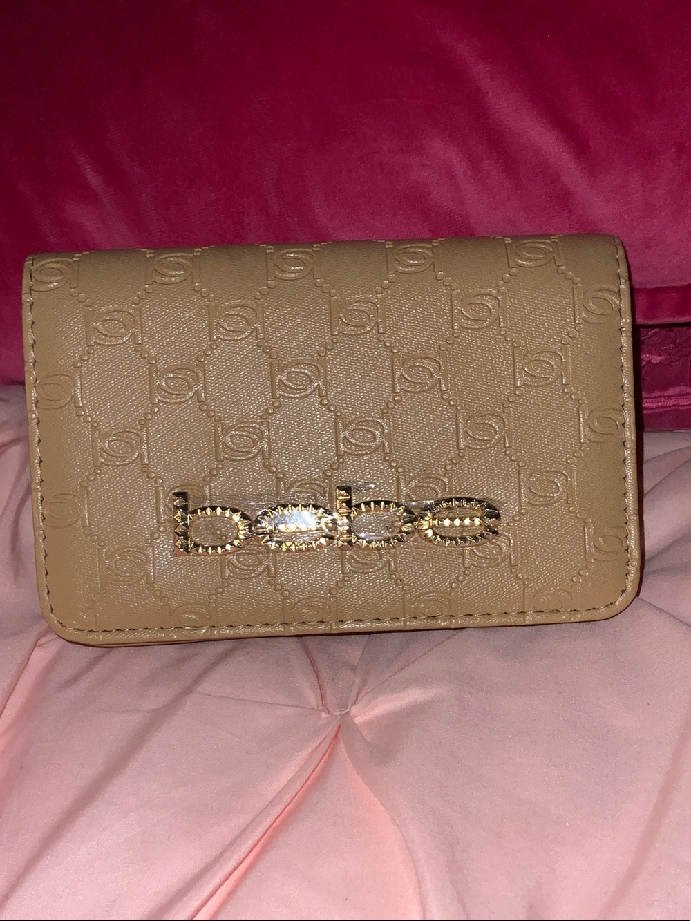 bebe Tan Quilted Crossbody Wallet with Gold Chain Accent